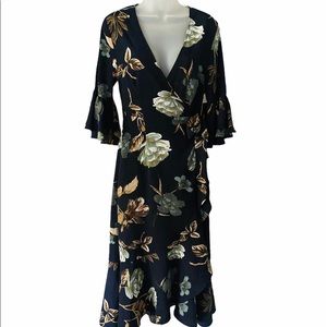 Lulu’s Navy Blue Floral Print Midi Wrap Dress S
